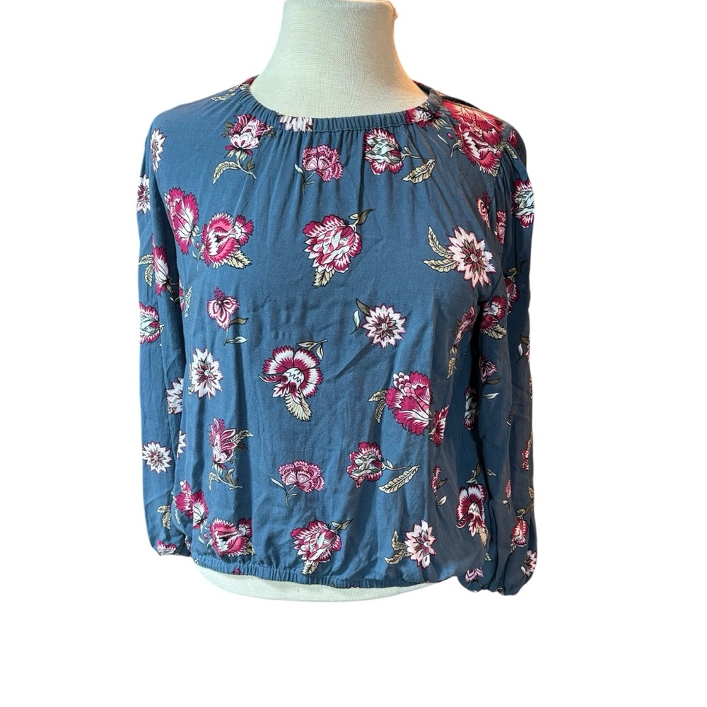 LOFT‎ Outlet Womens Medium Blue Pink Floral  Bubble Hem Rayon Blouse #295
